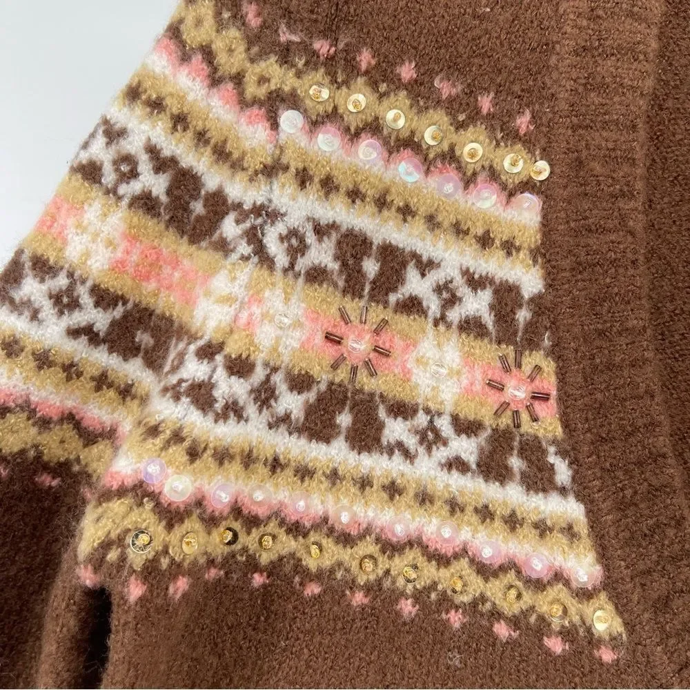 Cherokee Girl’s Brown Sequin Fair Isle V-Neck Pullover Sweater Large 8/10